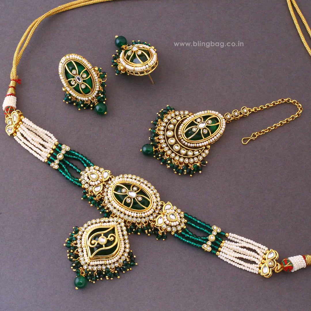 Emerald Saavi Kundan Jewellery Set - New Arrival