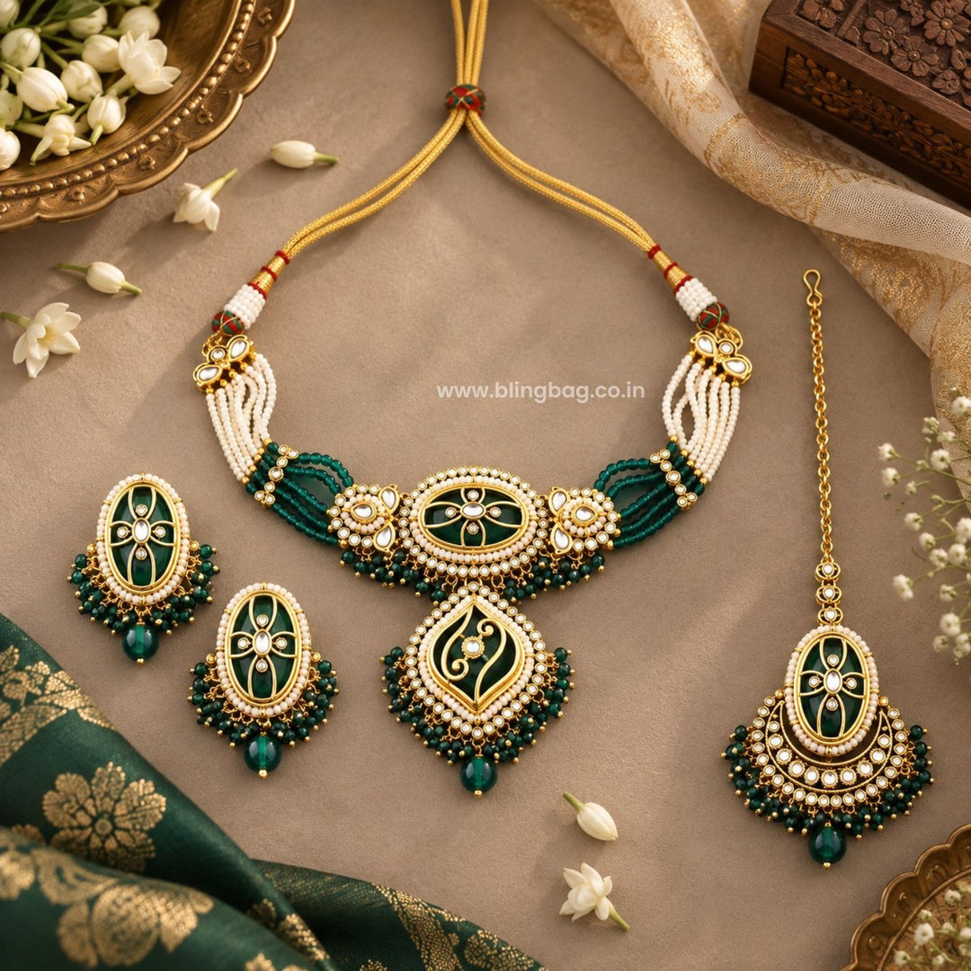 Emerald Saavi Kundan Jewellery Set - New Arrival