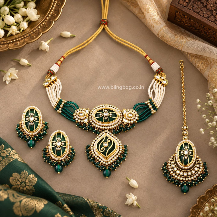 Emerald Saavi Kundan Jewellery Set - New Arrival