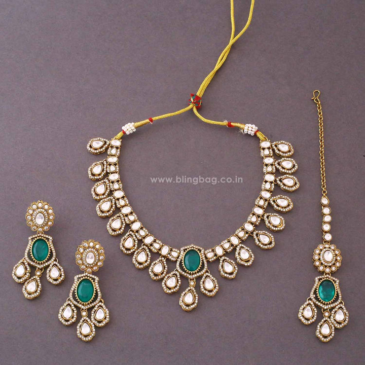 Emerald Saavira Kundan Jewellery Set - New Arrival
