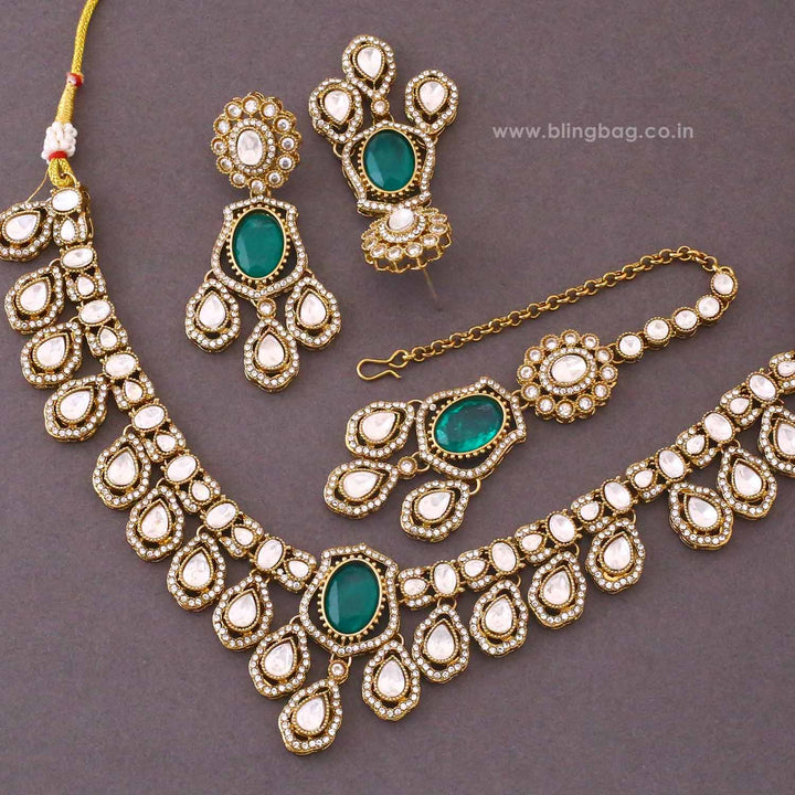 Emerald Saavira Kundan Jewellery Set - New Arrival