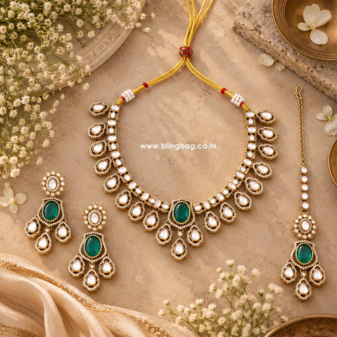 Emerald Saavira Kundan Jewellery Set - New Arrival