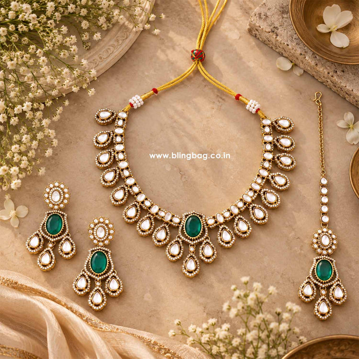 Emerald Saavira Kundan Jewellery Set - New Arrival