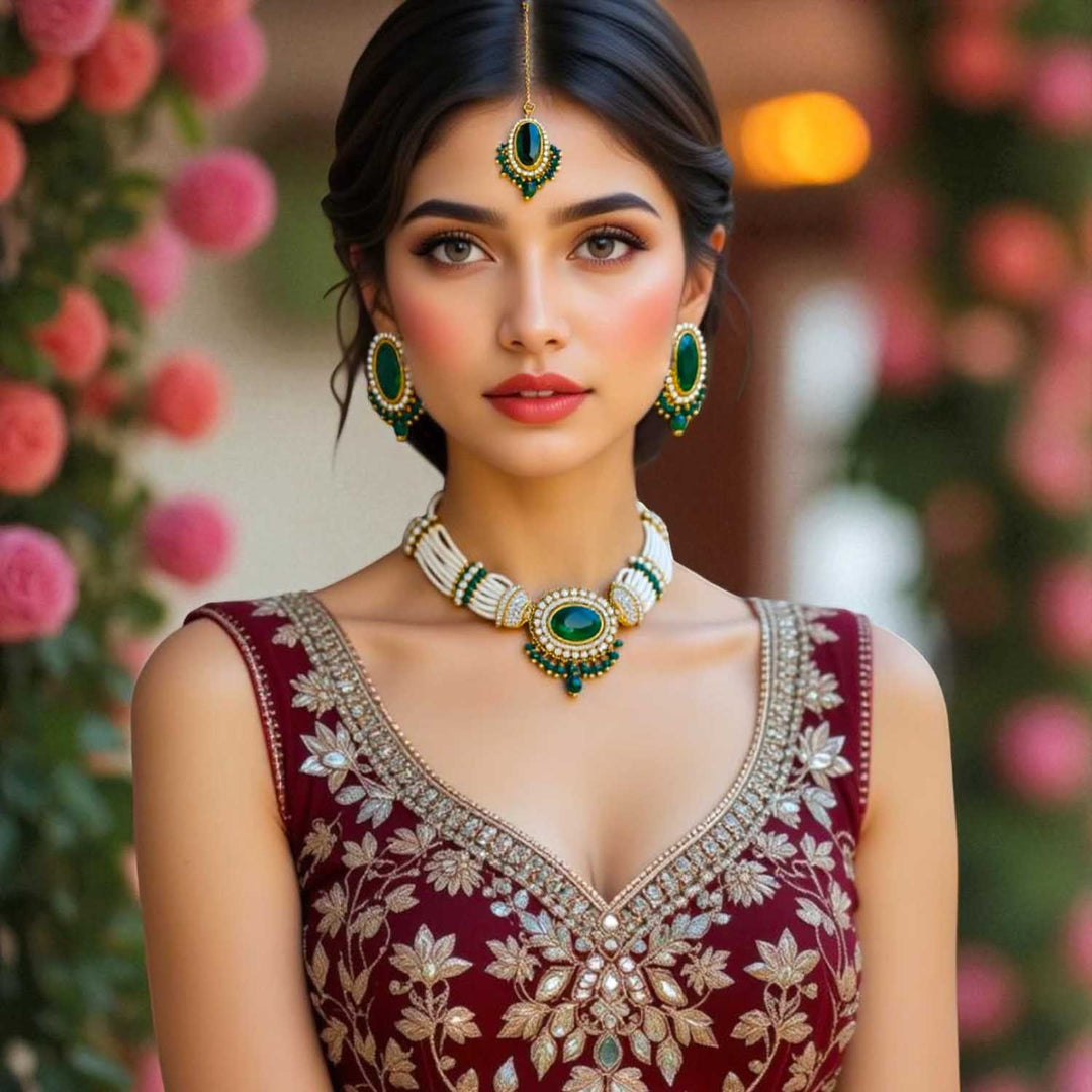 Emerald Santoshi Kundan Jewellery Set