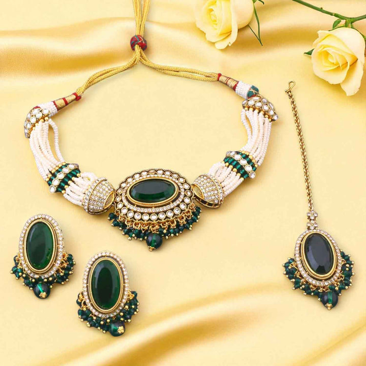 Emerald Santoshi Kundan Jewellery Set