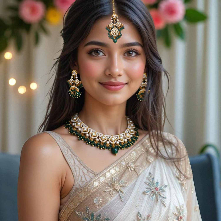 Emerald Simran Kundan Jewellery Set