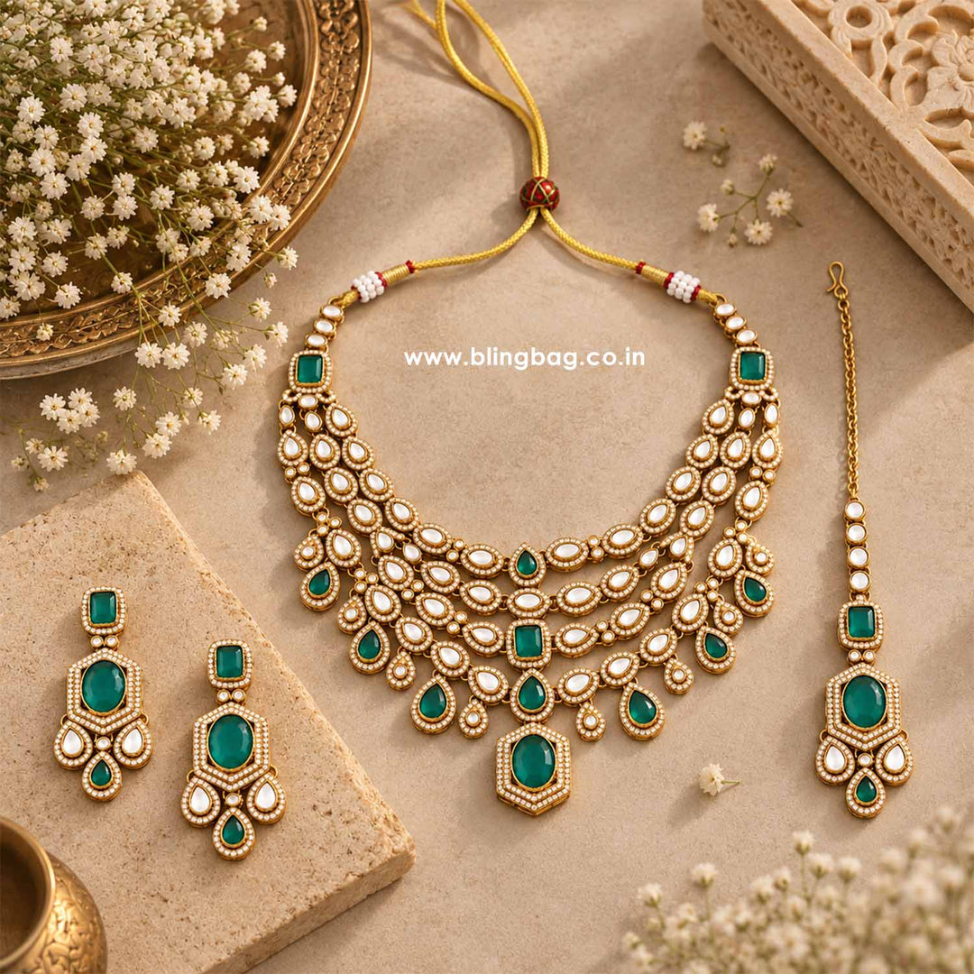 Emerald Tishara Kundan Jewellery Set - New Arrival
