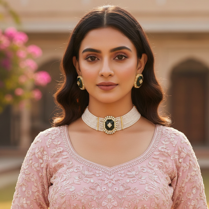 Emerald Tithi Kundan Jewellery Set