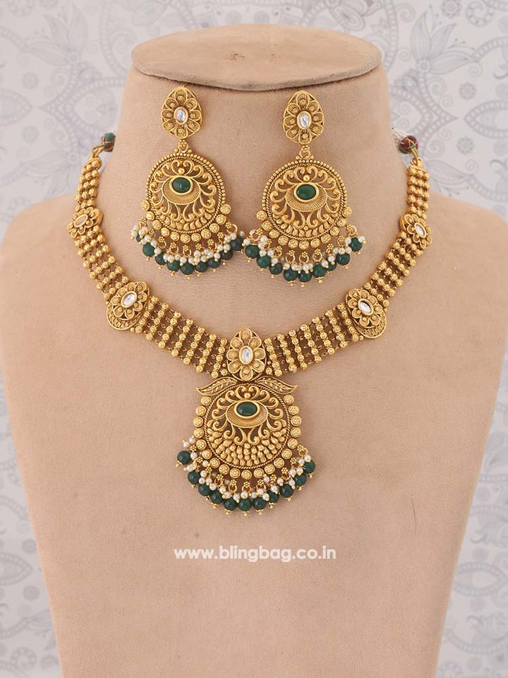 Emerald Tulsi Temple Jewellery Set