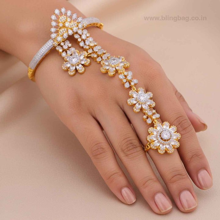 Golden Evelyna Zirconia Hath Phool