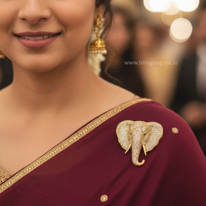 Golden Glittering Elephant Brooch