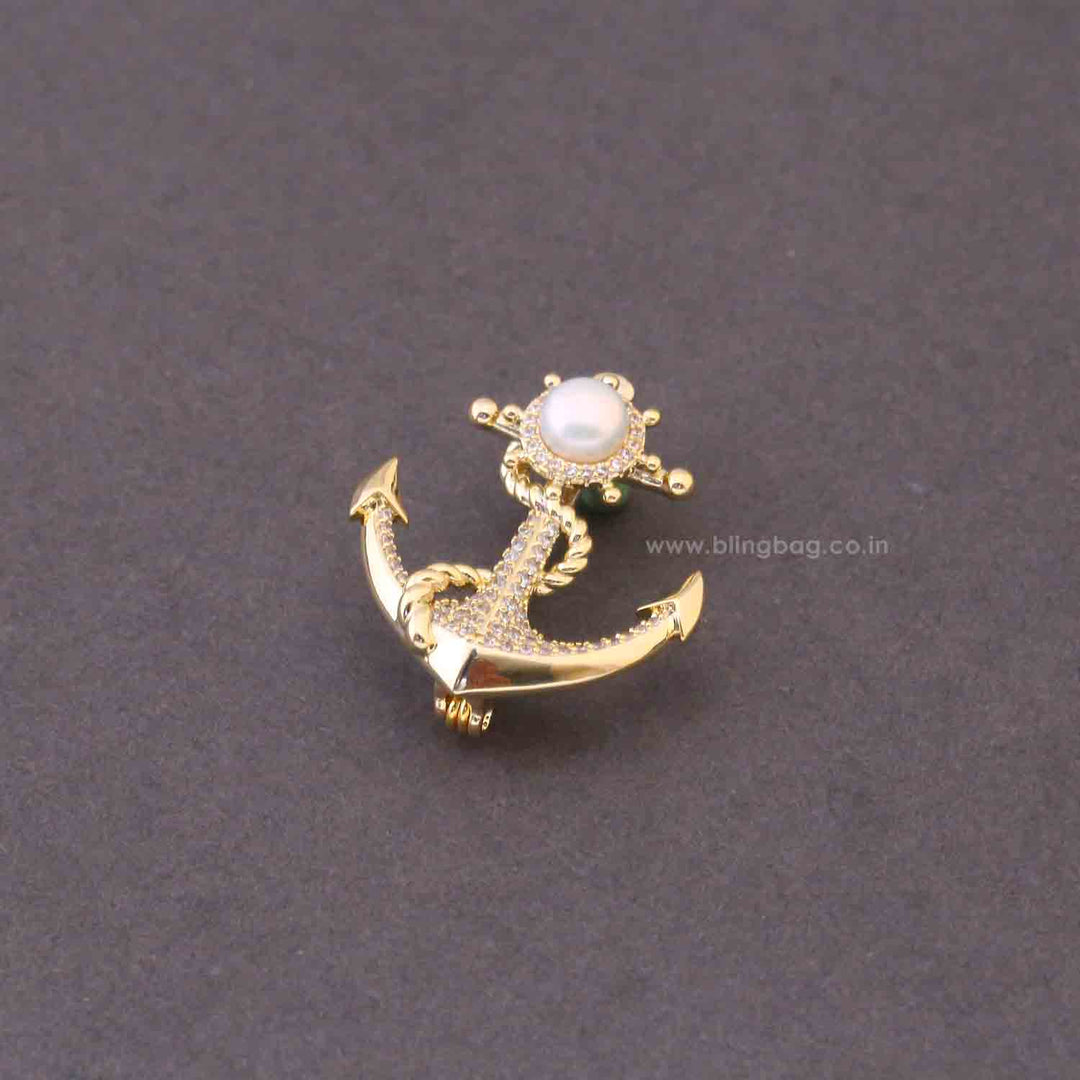 Golden Pearl Anchor Brooch