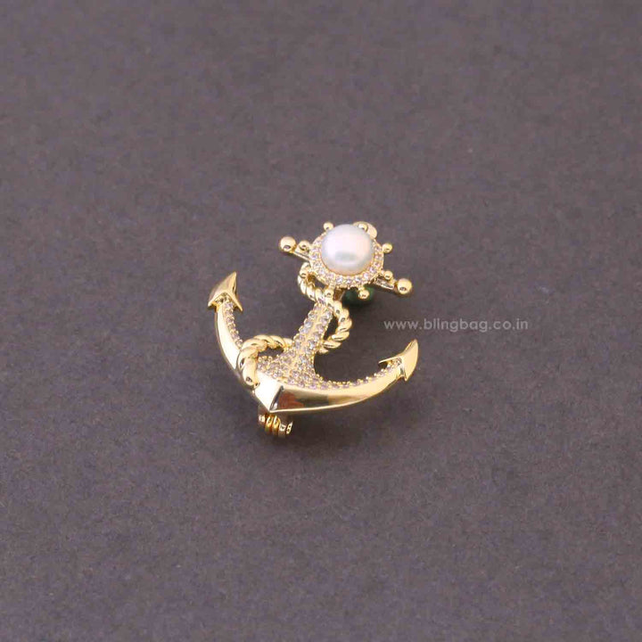 Golden Pearl Anchor Brooch