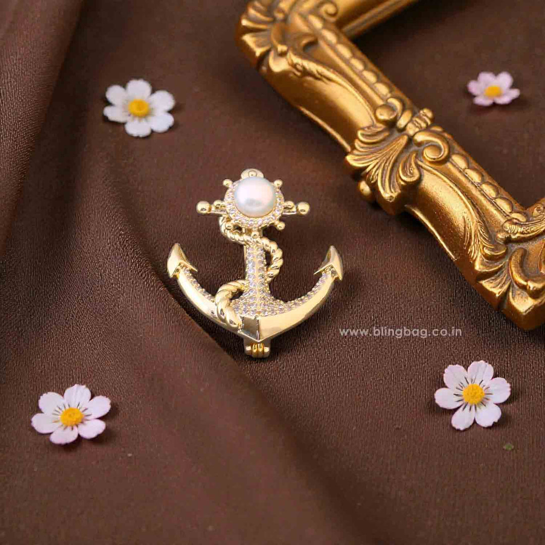 Golden Pearl Anchor Brooch