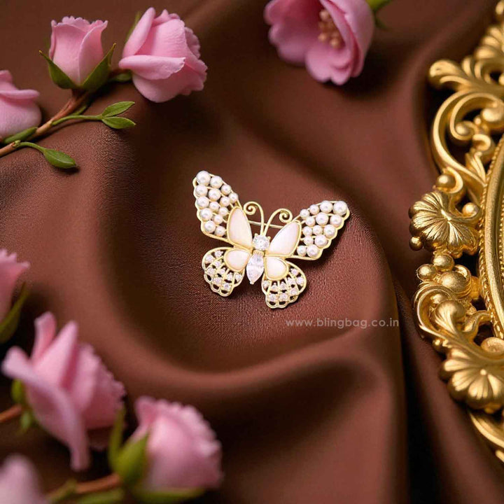 Golden Pearl Butterfly Brooch