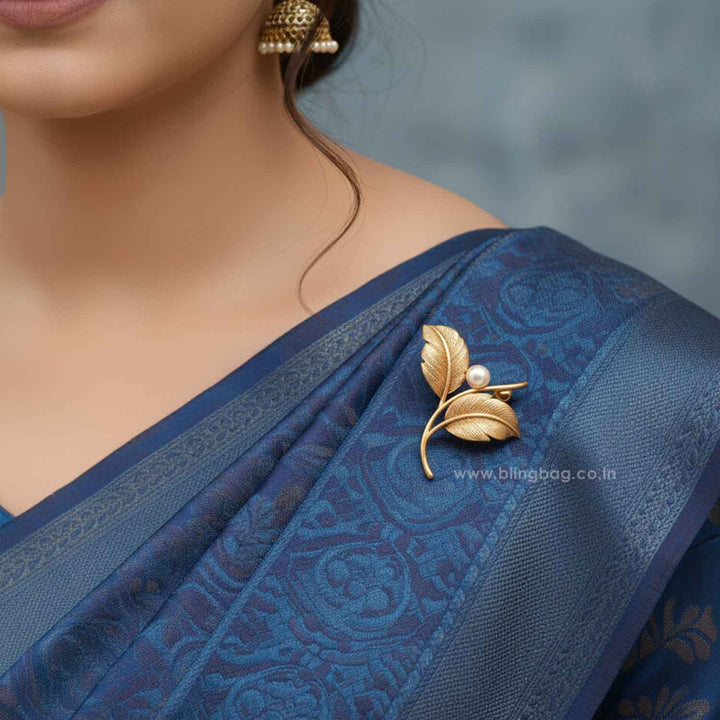 Golden Pearl Leaf Brooch