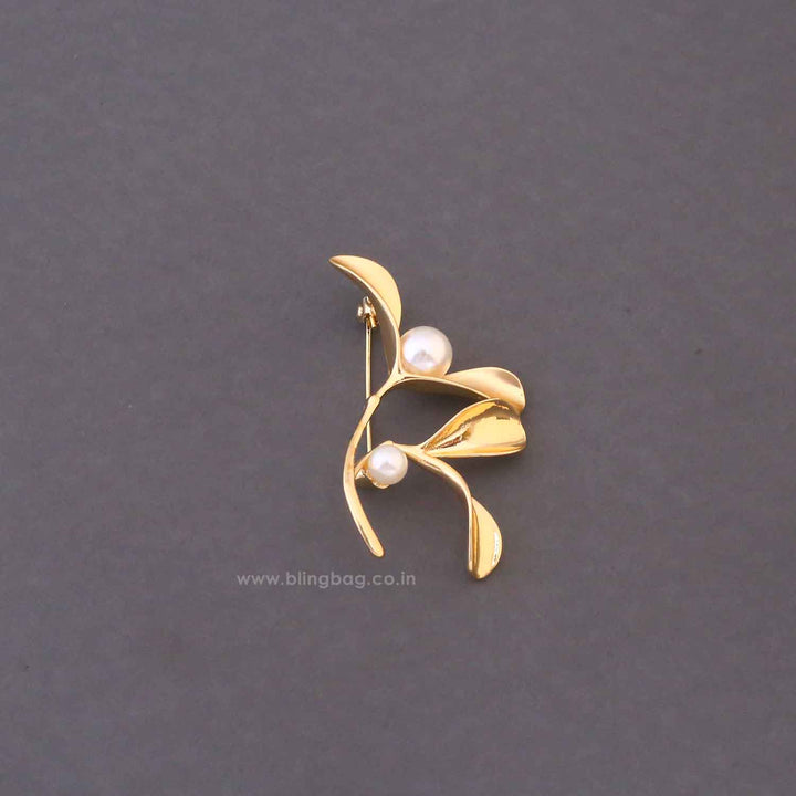 Golden Pearl Leaf Brooch