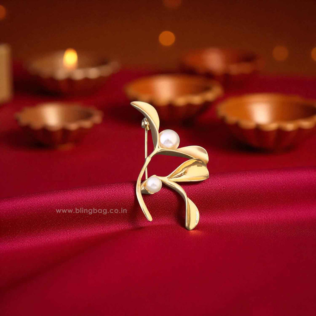Golden Pearl Leaf Brooch