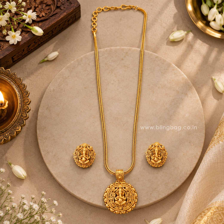 Golden Prathamesh Temple Jewellery Set - New Arrival