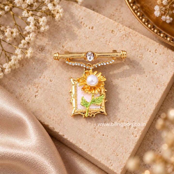 Golden Sunflower Pearl Brooch