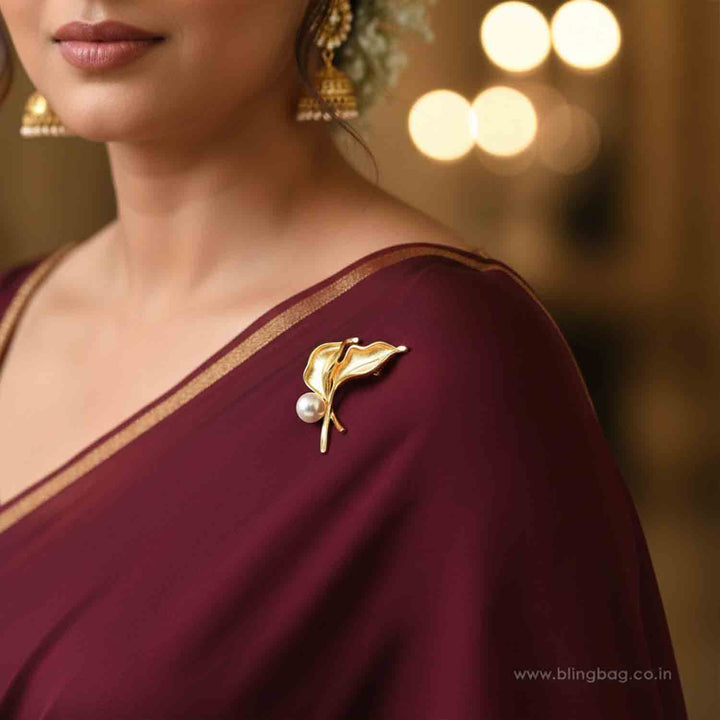 Golden Twin Leaf Brooch