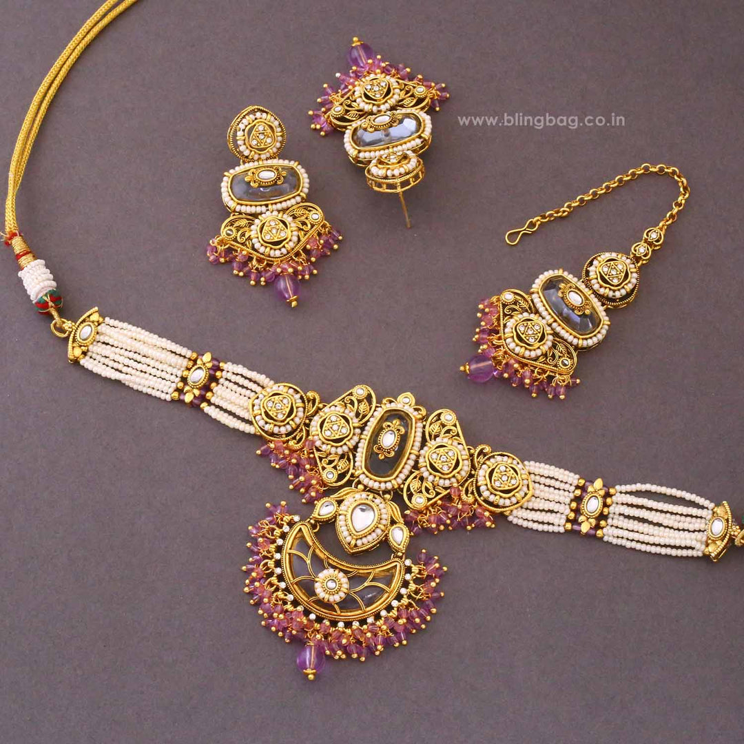 Lavender Ahanvi Kundan Jewellery Set - New Arrival