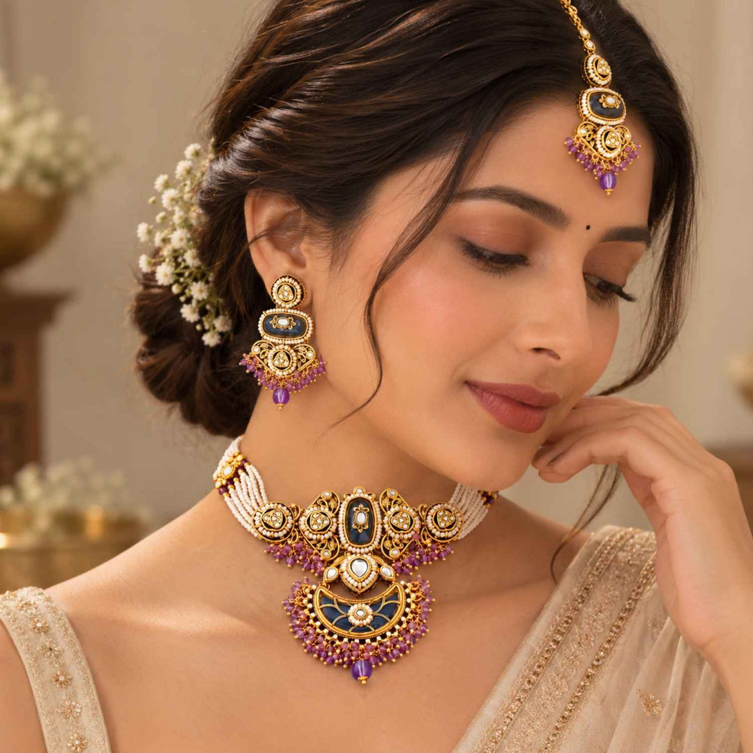 Lavender Ahanvi Kundan Jewellery Set - New Arrival