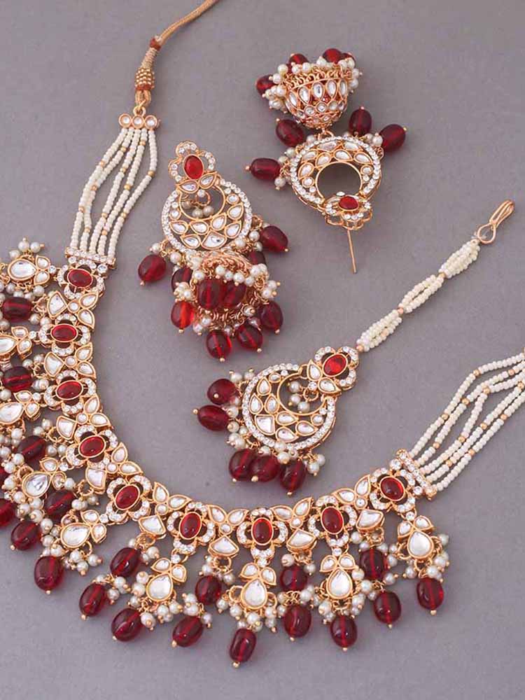Maroon Kaamil Kundan Jewellery Set - EOSS