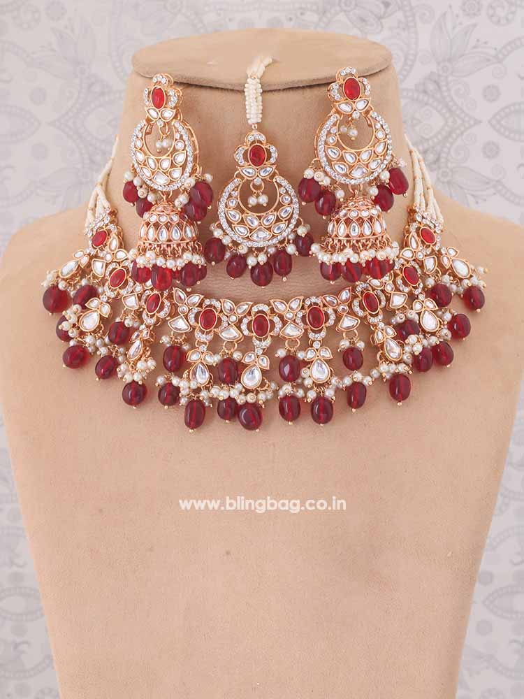 Maroon Kaamil Kundan Jewellery Set - EOSS