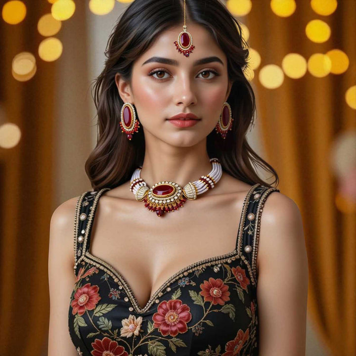 Maroon Santoshi Kundan Jewellery Set