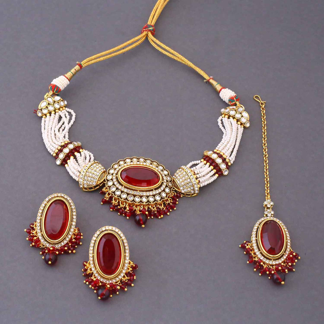 Maroon Santoshi Kundan Jewellery Set