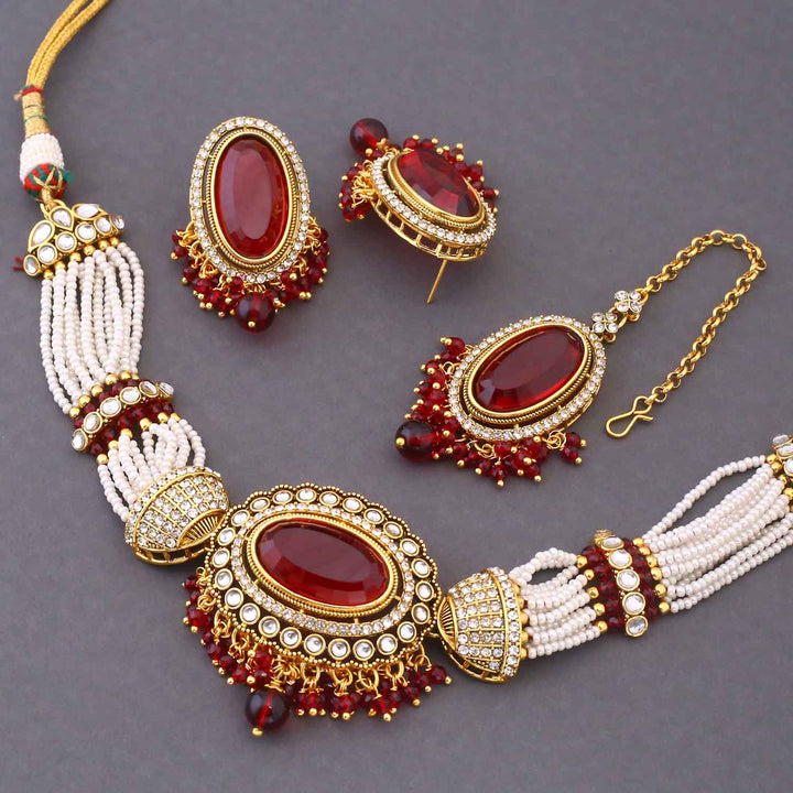 Maroon Santoshi Kundan Jewellery Set