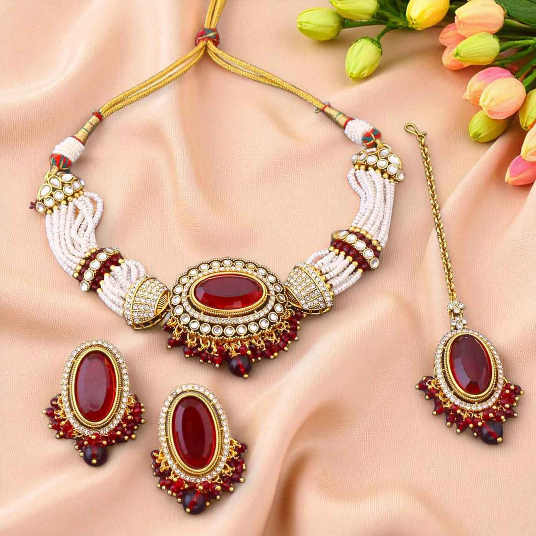 Maroon Santoshi Kundan Jewellery Set