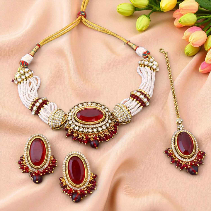 Maroon Santoshi Kundan Jewellery Set