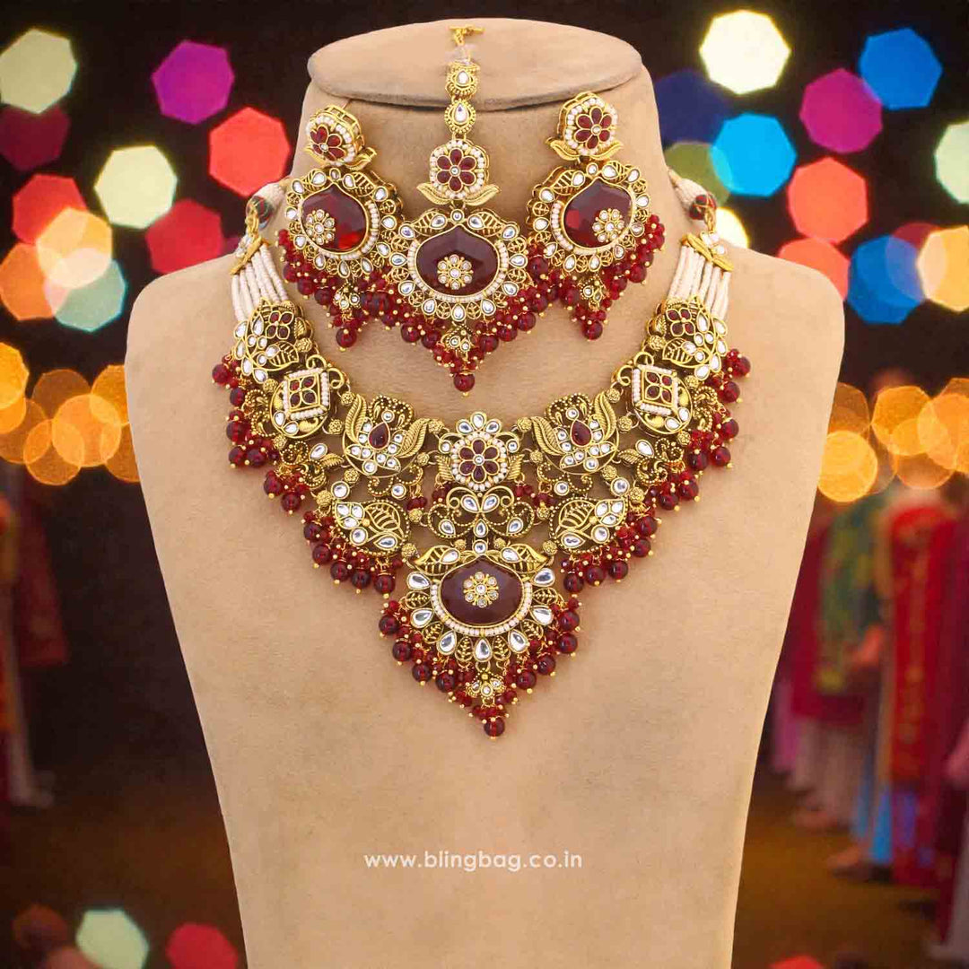 Maroon Shireen Kundan Jewellery Set - New Arrival