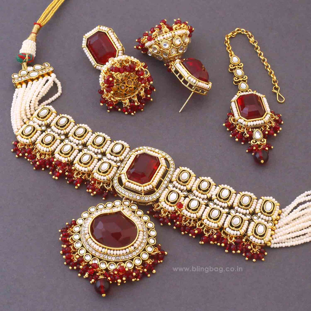 Maroon Shyamala Kundan Jewellery Set