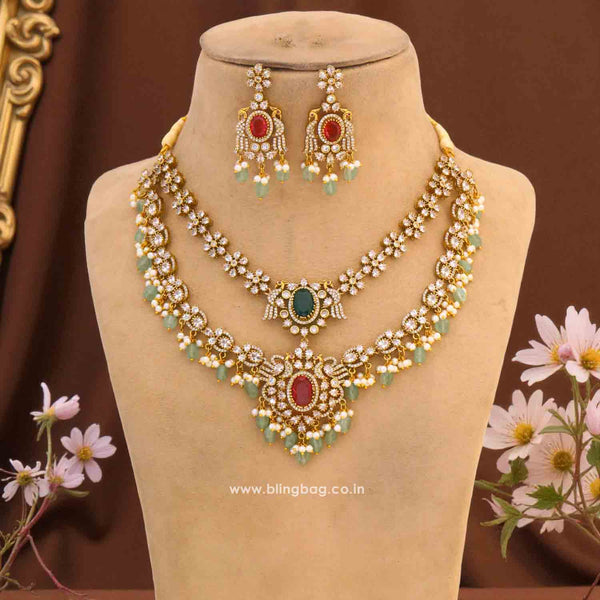 Multicolor Lada Victorian necklace set with American Diamond stones and matching earrings