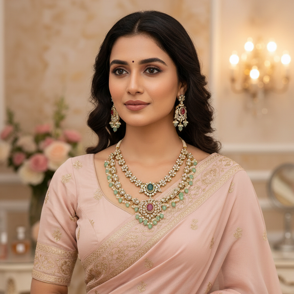 Multicolour Victorian-style necklace set with push-back earrings for festive and wedding wear