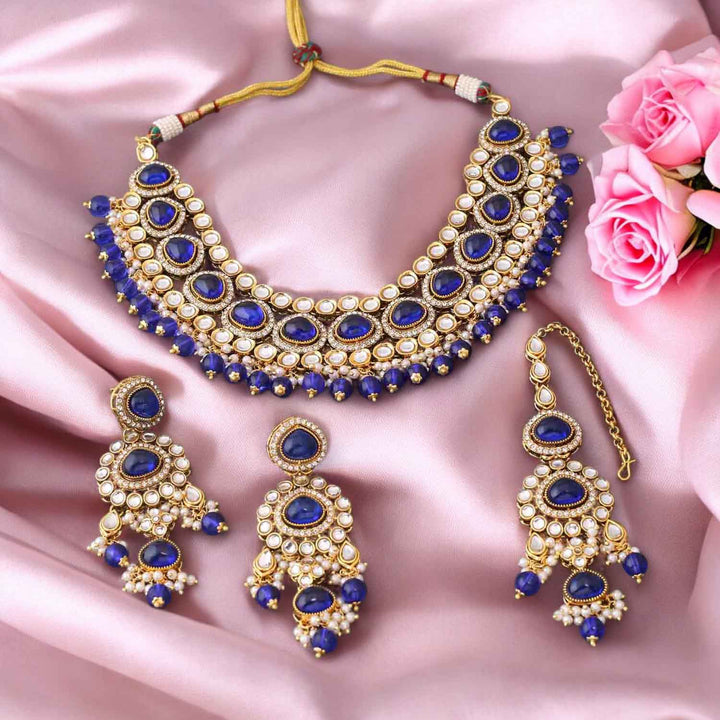 Navy Nikhina Kundan Jewellery Set