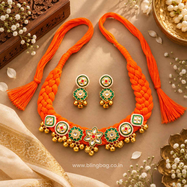 Orange Ojasvini Kundan Jewellery Set - New Arrival