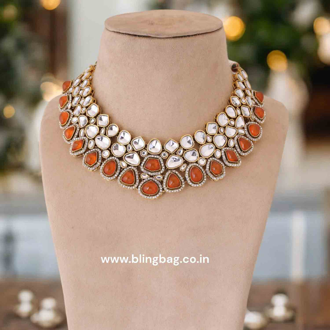 Orange Samiya Kundan Jewellery Set