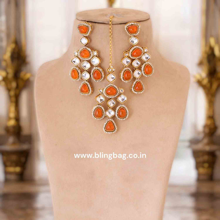 Orange Samiya Kundan Jewellery Set