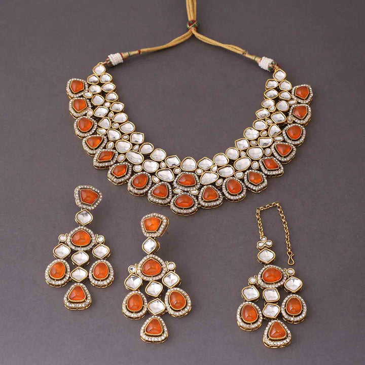 Orange Samiya Kundan Jewellery Set
