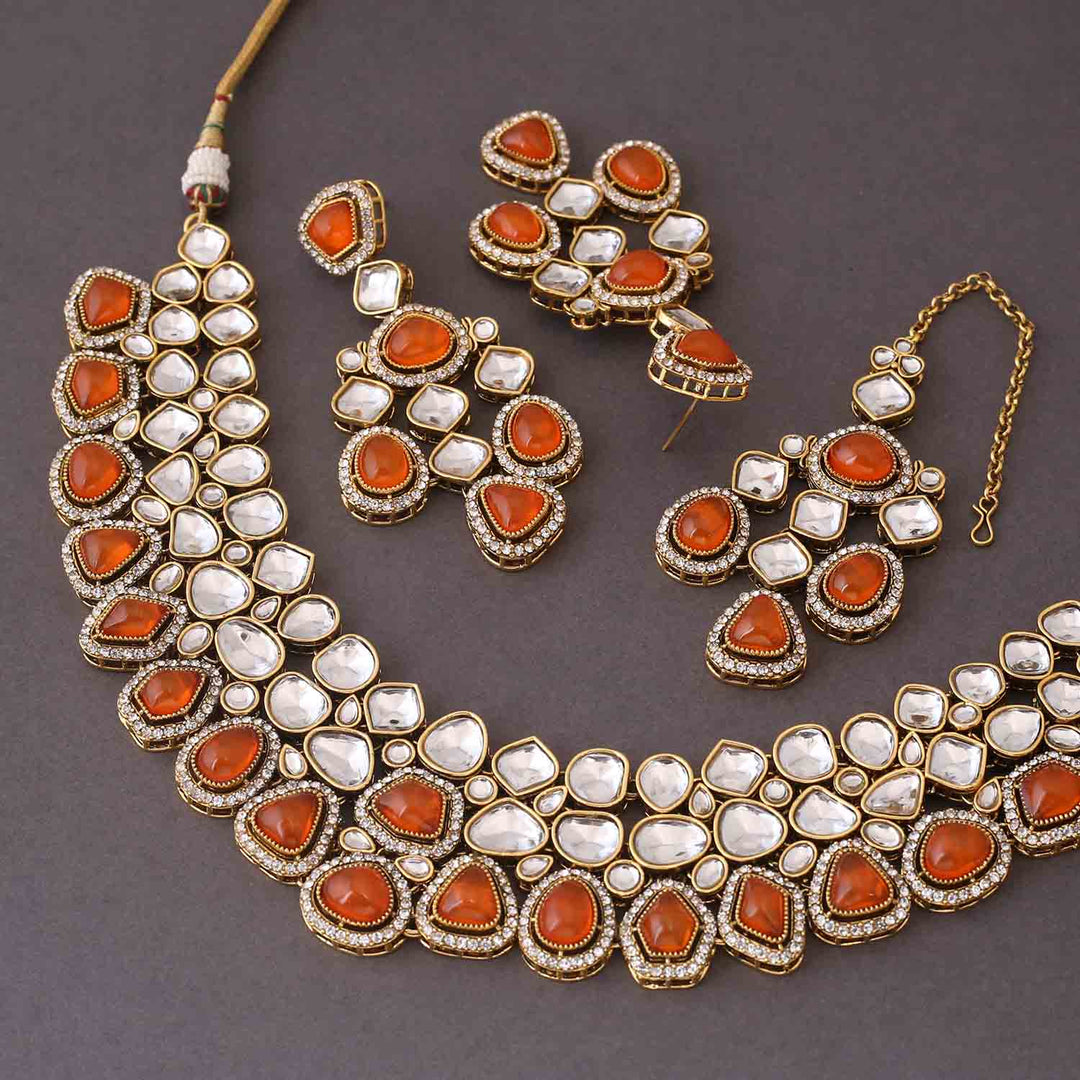 Orange Samiya Kundan Jewellery Set