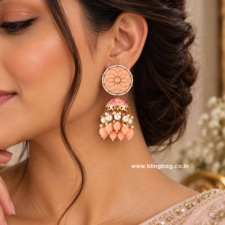 Peach Gamini Lotus Jhumkis