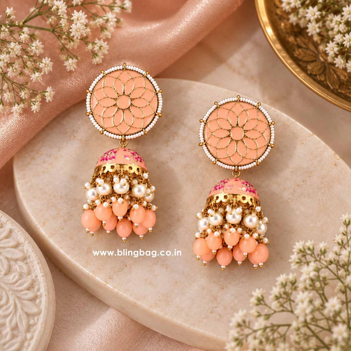Peach Gamini Lotus Jhumkis
