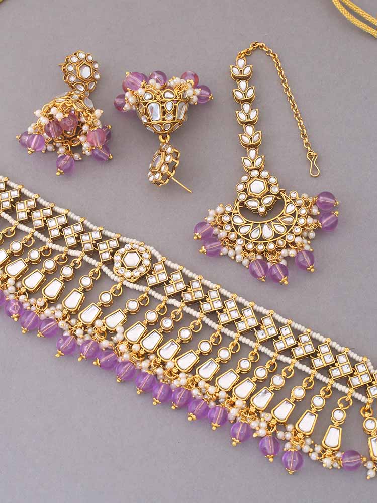 Purple Aanandi Kundan Jewellery Set