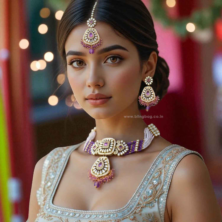 Purple Dakshina Kundan Jewellery Set