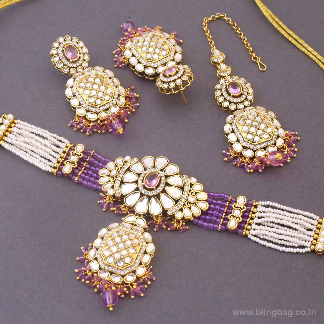 Purple Dharini Kundan Jewellery Set