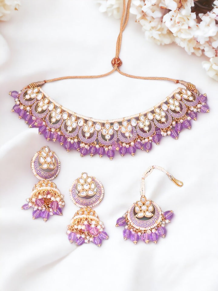 Purple Dhisana Kundan Jewellery Set